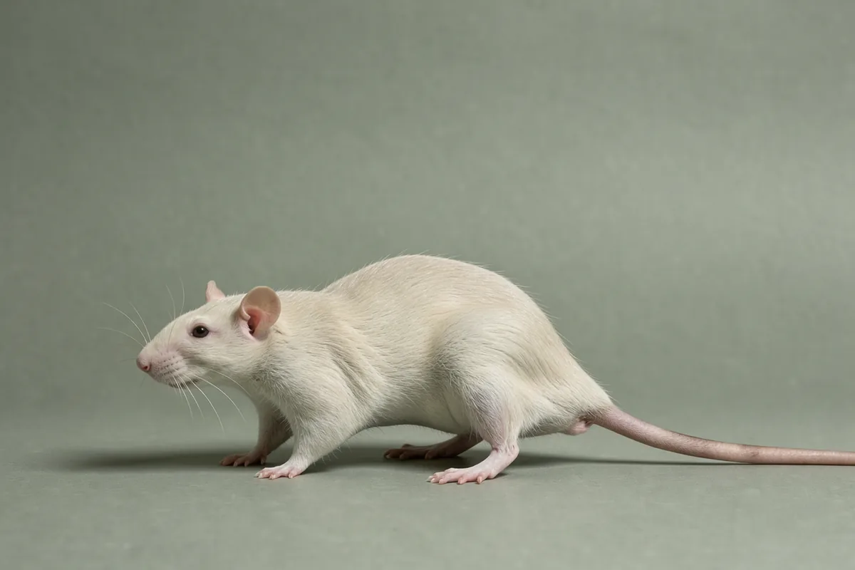 Illustrative photograph of an unharmed pale-furred rat, with its lower hind leg and calf visible in side view.