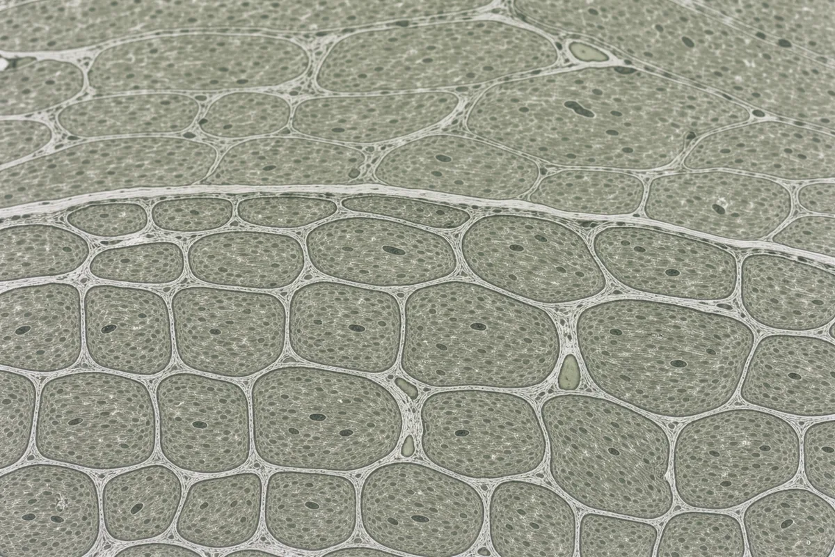 Illustrative microscopy-style view of skeletal-muscle fibres in cross-section, with small central nuclei visible in some fibres.