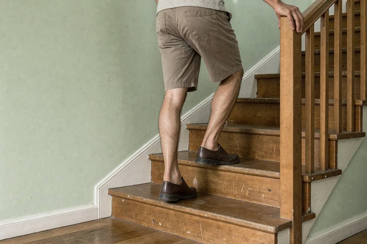 An adult’s calf and ankle seen from behind while pausing on an indoor staircase, with one hand on a plain banister.