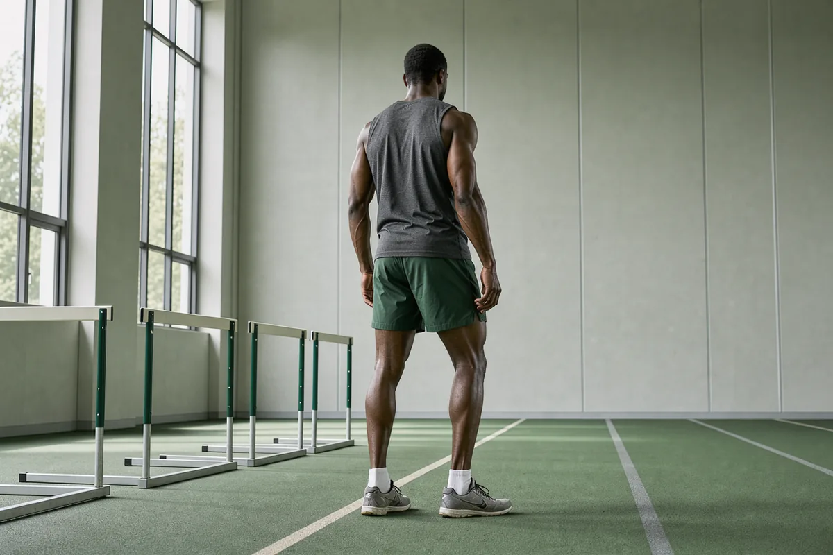 A hurdler in an empty training hall, palm against the rear of one thigh beside unused hurdles.