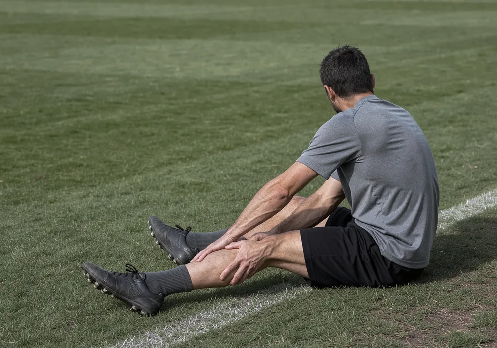 An anonymous recreational footballer seated on touchline grass, using both hands to knead one calf after a match.